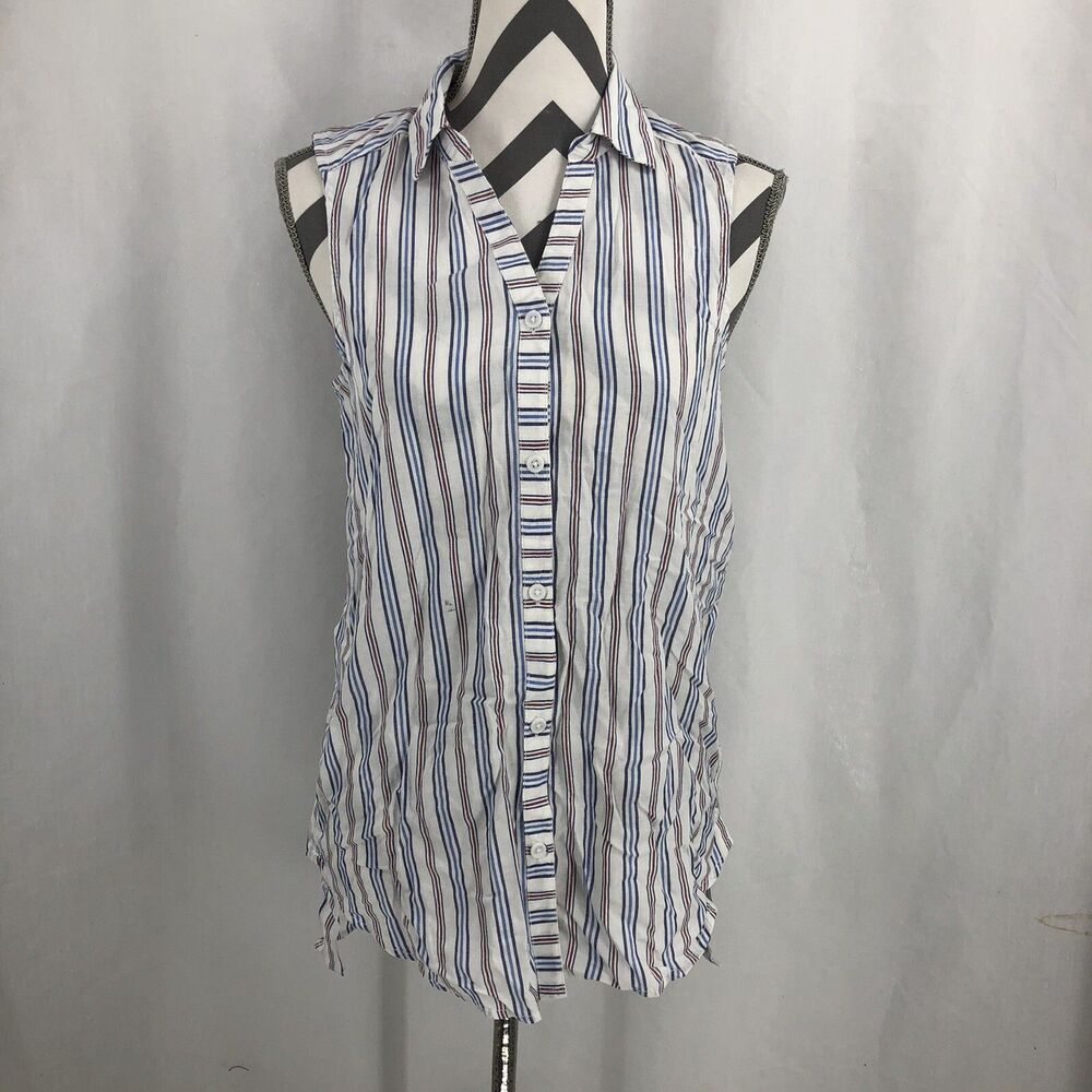 Anthropologie Beach Lunch Sleeveless Button Up Shirt White Red Blue Striped XS